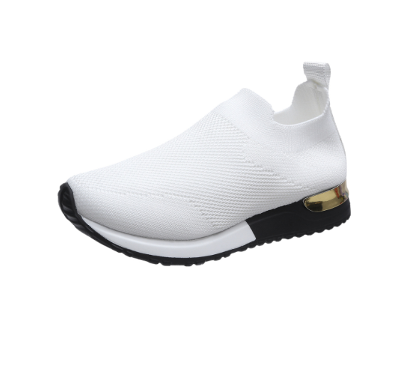 White slip-on knit sneakers, side view
