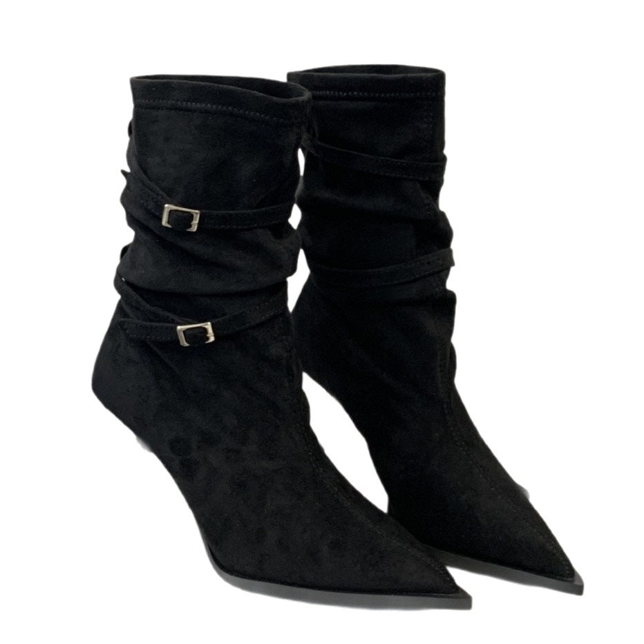 Black slouch ankle boots with ruched shaft, product view