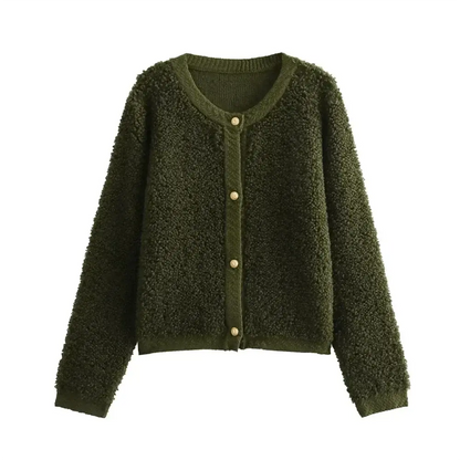 Green teddy jacket with button front, product view