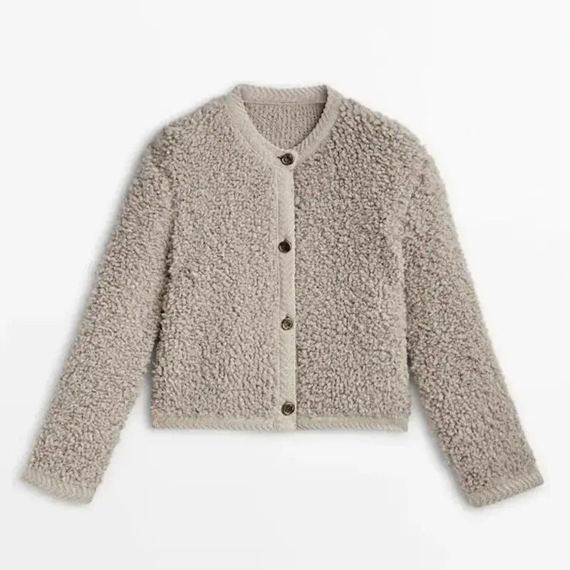Women's khaki teddy jacket with button front, product view