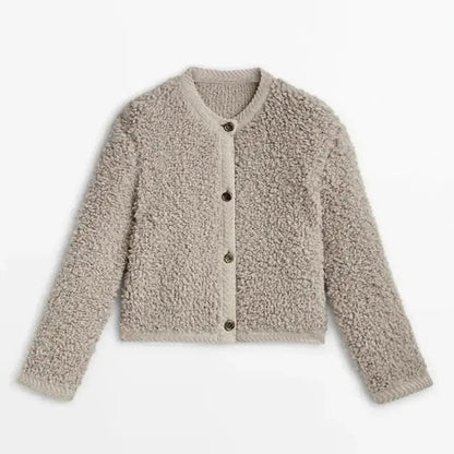 Women's khaki teddy jacket with button front, product view