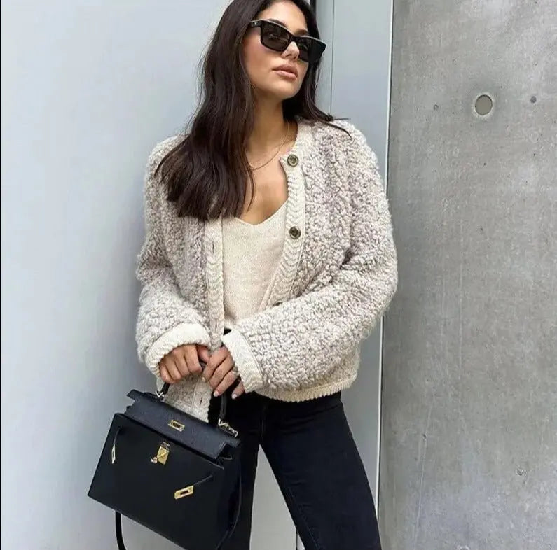 Khaki teddy jacket with relaxed fit, worn view