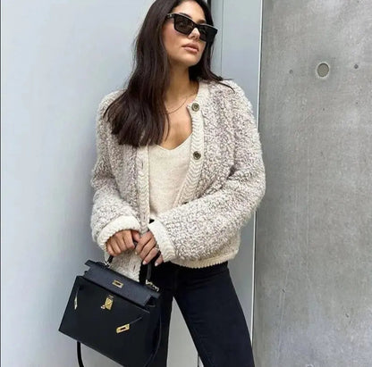 Khaki teddy jacket with relaxed fit, worn view