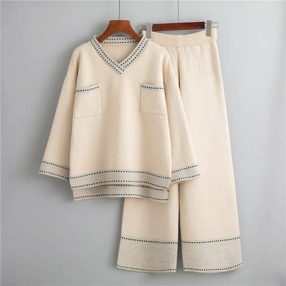 Beige V-neck lounge set with contrast stitch trim, additional view