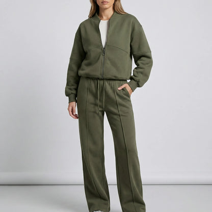 Women's zip-up jacket tracksuit set in army green