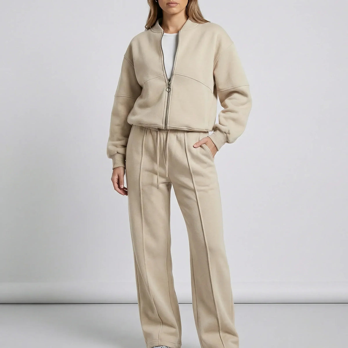 Women's zip-up jacket tracksuit set in beige