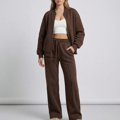 Women's zip-up jacket tracksuit set in brown
