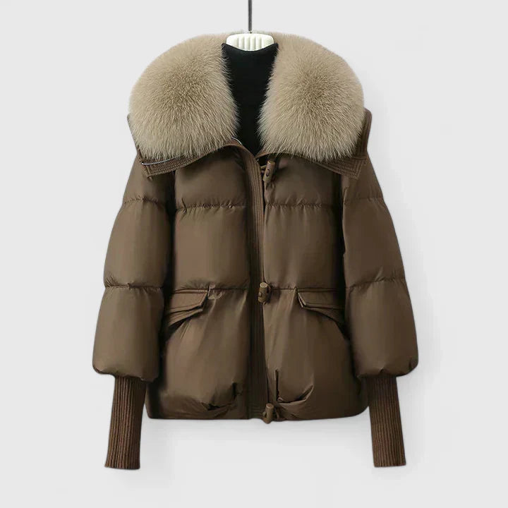 Women's jacket with faux fur collar in Brown