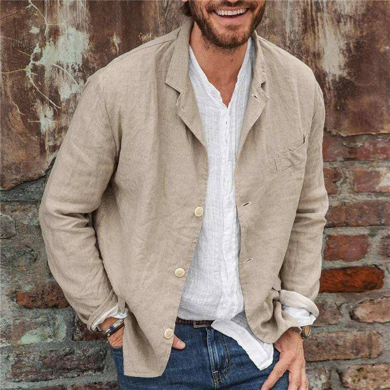 Casual Linen Jacket - Lightweight Cotton Blend with Relaxed Fit and Three Button Closure 0
