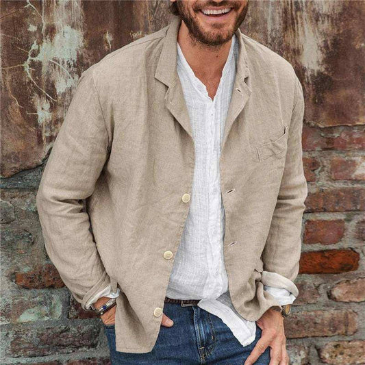 Casual Linen Jacket - Lightweight Cotton Blend with Relaxed Fit and Three Button Closure 0