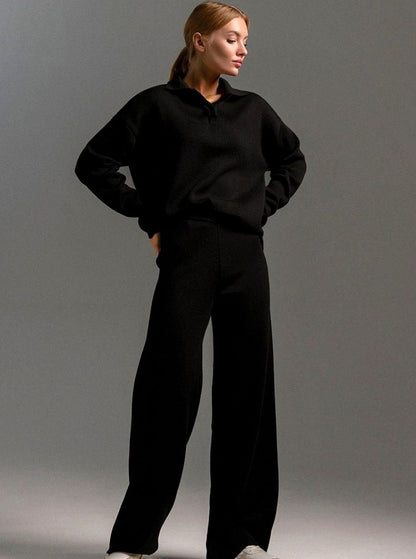 Charlotte Two-Piece Lounge Set - Soft Knit Pullover & Wide-Leg Pants 0