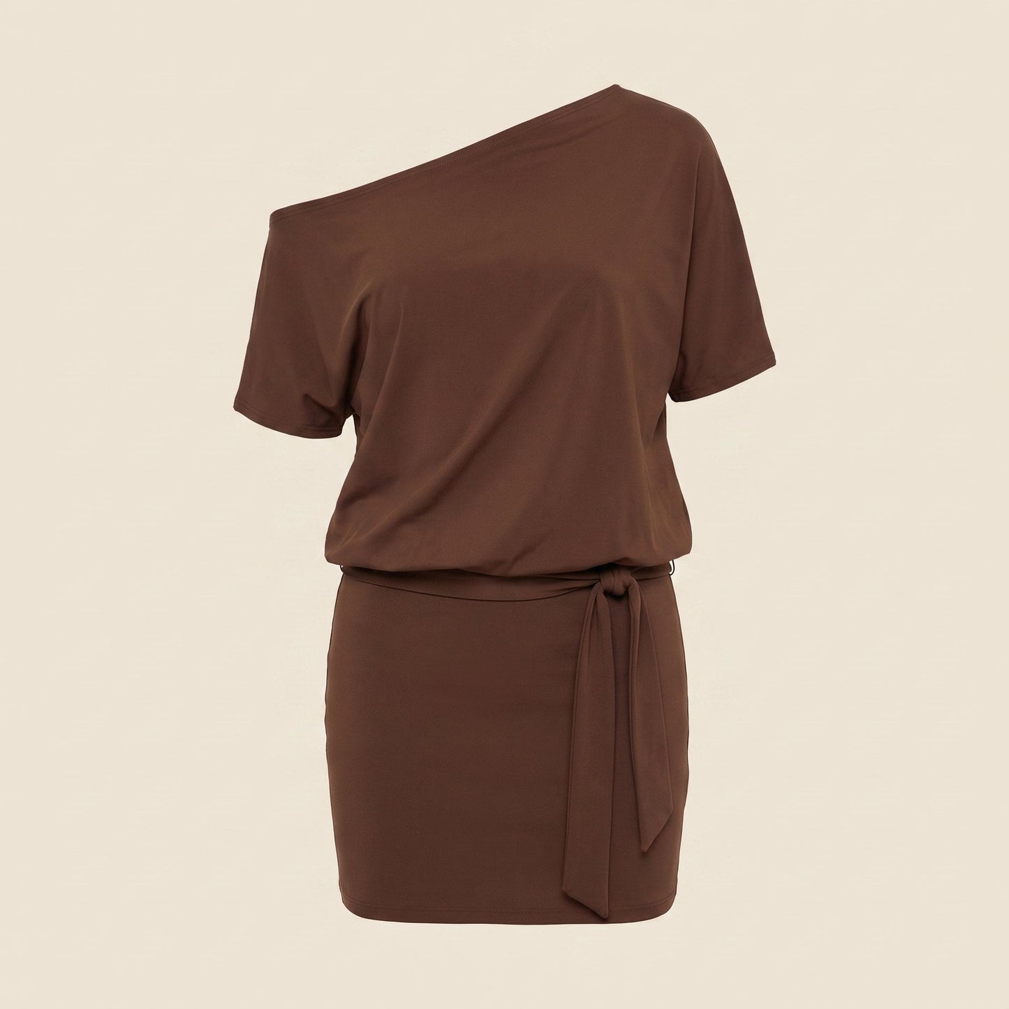 Chic Off Shoulder Mini Dress - Brown Stretch Jersey Cocktail Dress for Parties 4