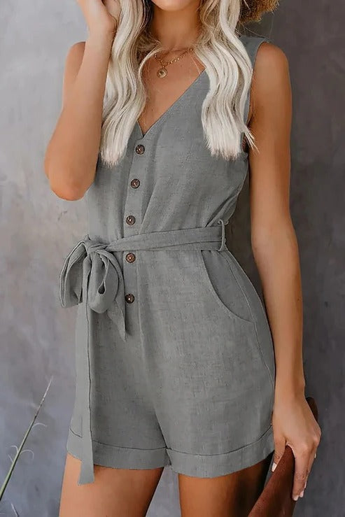 Chic Short Jumpsuit - Elegant V-Neckline, Pockets, Lightweight Playsuit for Summer 3
