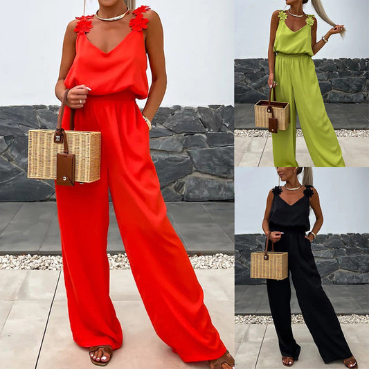 Chic Summer - Soft Breathable Jumpsuit with V-Neck and Flowy Silhouette 1