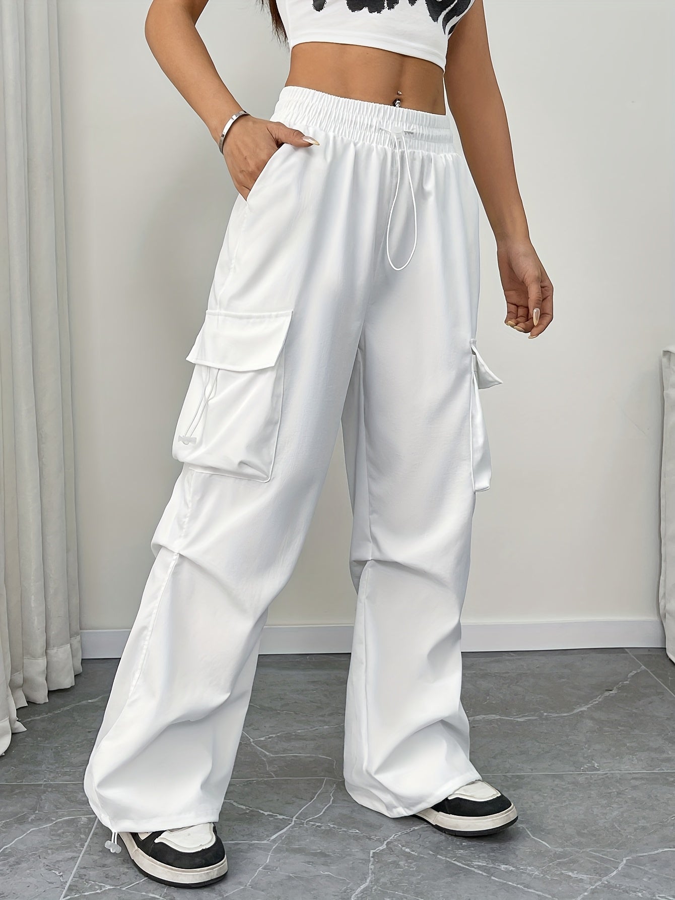 Chloe Wide Leg Cargo Pants - Lightweight Fabric, Drawstring Waist, Functional Pockets 0