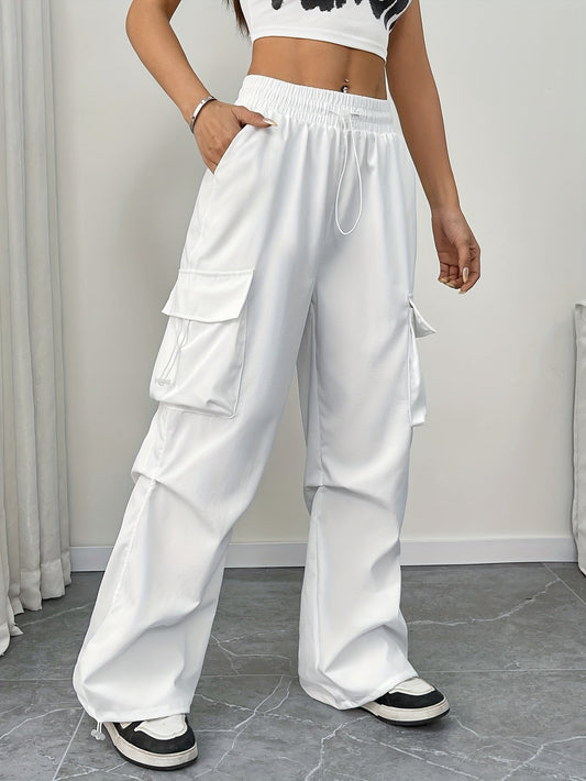Chloe Wide Leg Cargo Pants - Lightweight Fabric, Drawstring Waist, Functional Pockets 0
