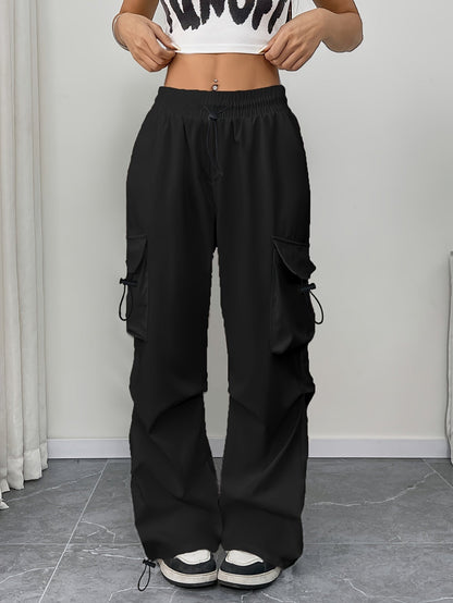 Chloe Wide Leg Cargo Pants - Lightweight Fabric, Drawstring Waist, Functional Pockets 1