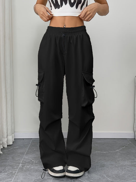 Chloe Wide Leg Cargo Pants - Lightweight Fabric, Drawstring Waist, Functional Pockets 1