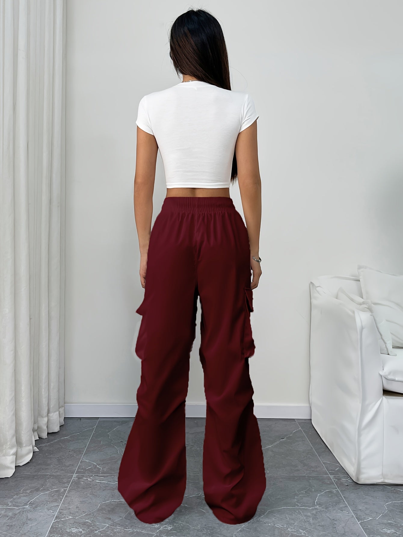 Chloe Wide Leg Cargo Pants - Lightweight Fabric, Drawstring Waist, Functional Pockets 4