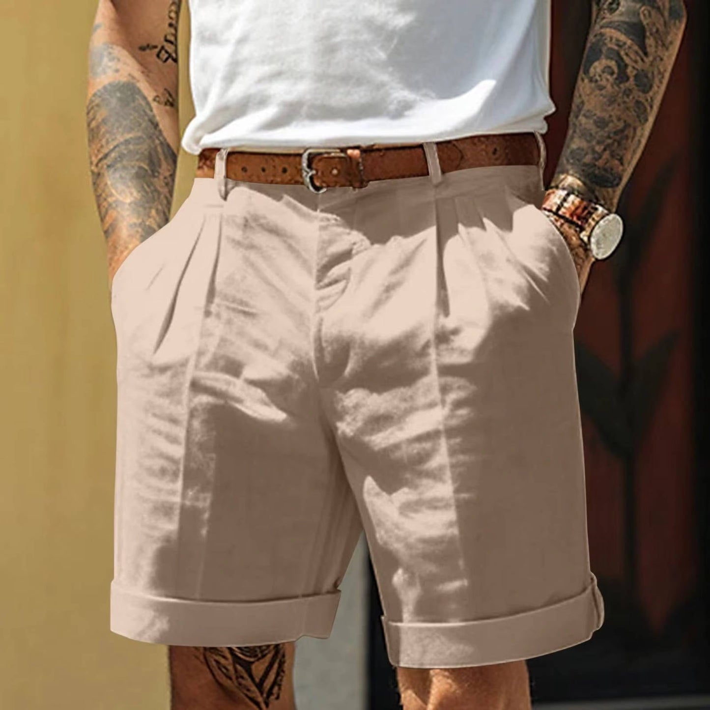 Classic Pleated Linen Shorts With Cuffed Hem for Ultimate Comfort 0