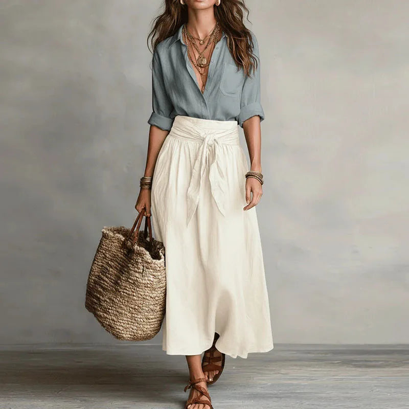 Clementine - Elegant Button Down Blouse & Midi Skirt Set with Pockets 0