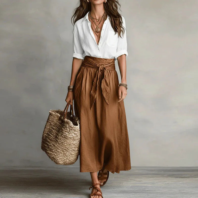 Clementine - Elegant Button Down Blouse & Midi Skirt Set with Pockets 1