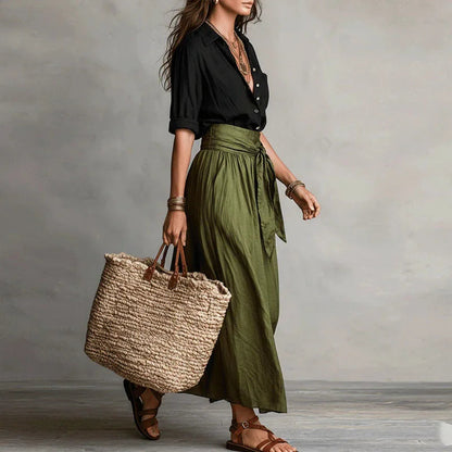 Clementine - Elegant Button Down Blouse & Midi Skirt Set with Pockets 4