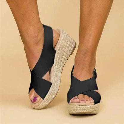 Cleo Black Wedge Sandals | Orthopedic, Adjustable Straps, Espadrille