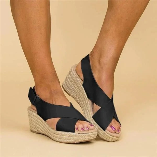 Cleo Black Wedge Sandals | Orthopedic, Adjustable Straps, Espadrille