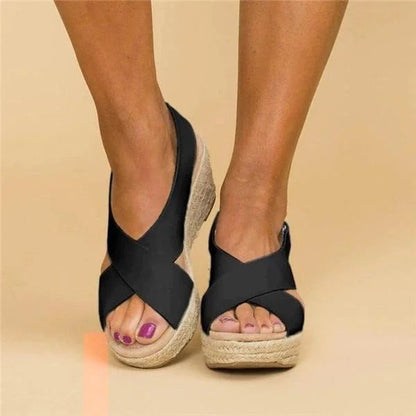Cleo Black Wedge Sandals | Orthopedic, Adjustable Straps, Espadrille