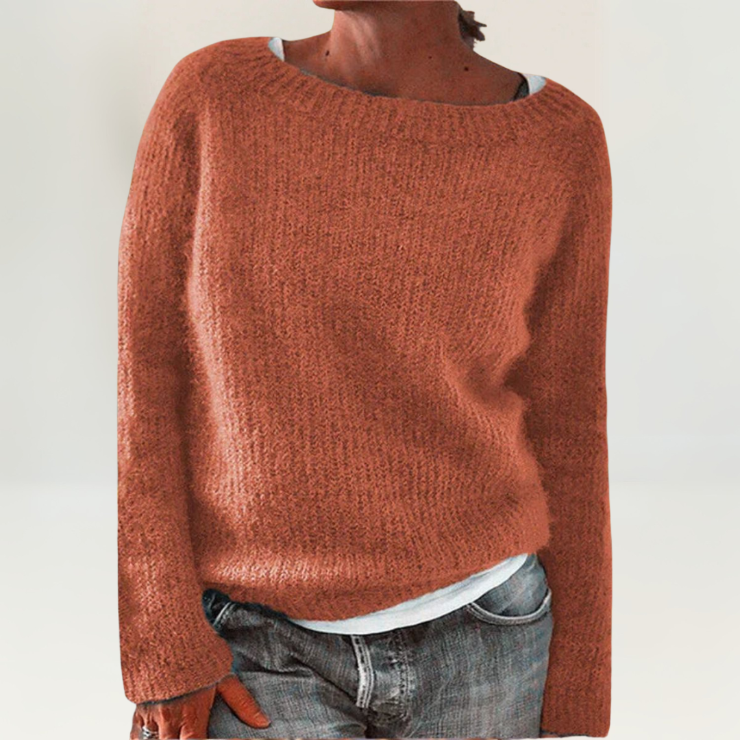 Coralie Relaxed Fit Knit Sweater with Wide Boat Neckline in Rust Color 0