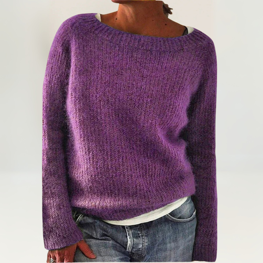 Coralie Relaxed Fit Knit Sweater with Wide Boat Neckline in Rust Color 1