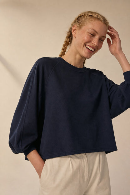 Cotton Lantern Sleeve Pullover Sweatshirt - Breathable Relaxed Fit Top 0