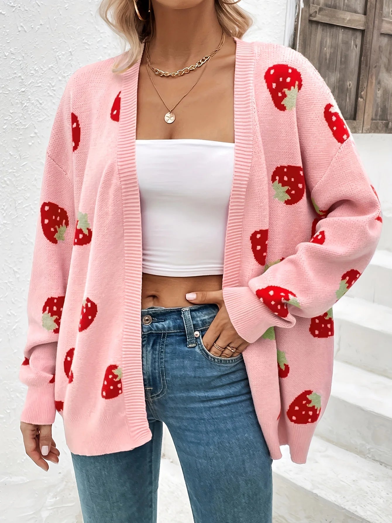 CozyStraw - Strawberry Motif Cardigan Sweater with Relaxed Fit and Button Closure 0