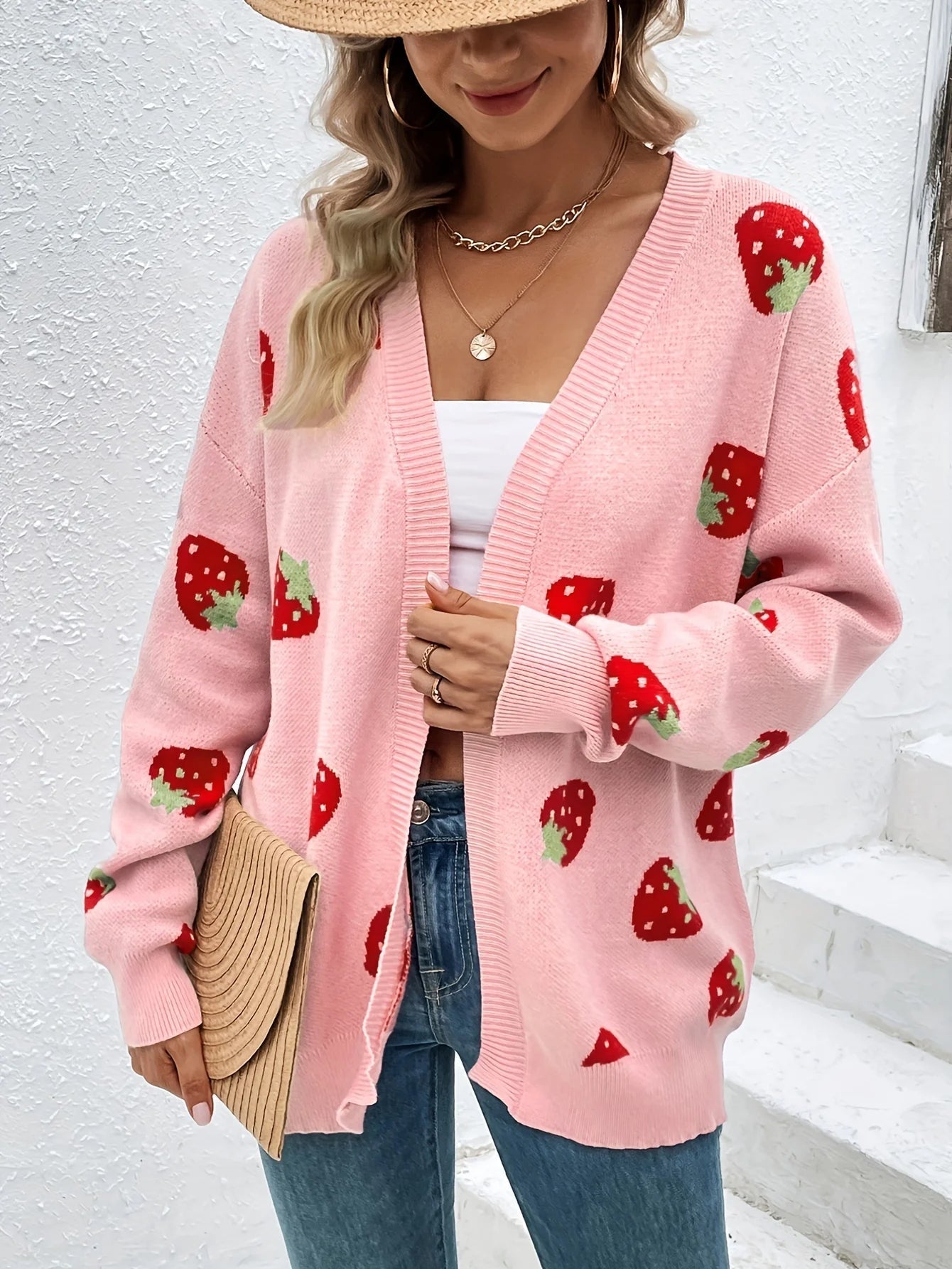 CozyStraw - Strawberry Motif Cardigan Sweater with Relaxed Fit and Button Closure 2