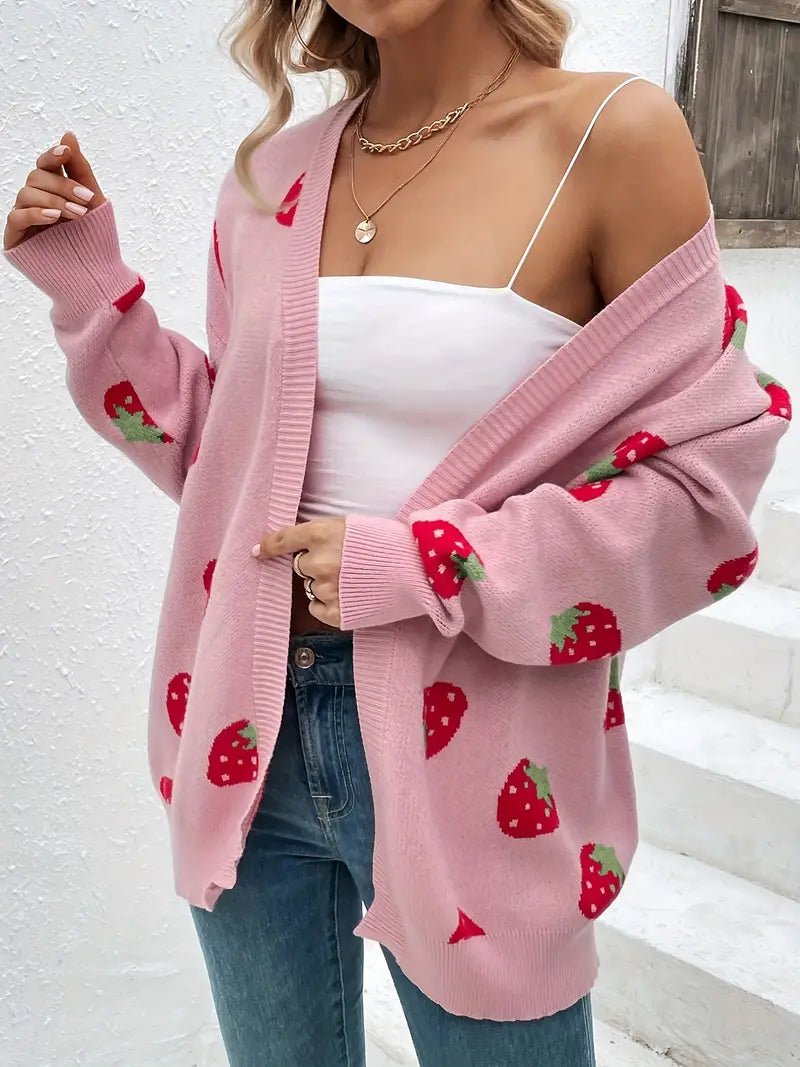 CozyStraw - Strawberry Motif Cardigan Sweater with Relaxed Fit and Button Closure 3