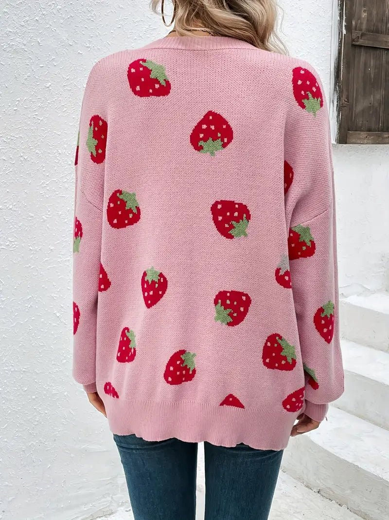 CozyStraw - Strawberry Motif Cardigan Sweater with Relaxed Fit and Button Closure 4