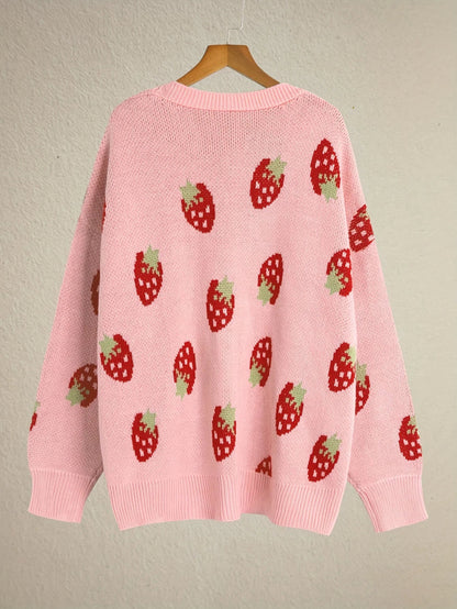 CozyStraw - Strawberry Motif Cardigan Sweater with Relaxed Fit and Button Closure 6