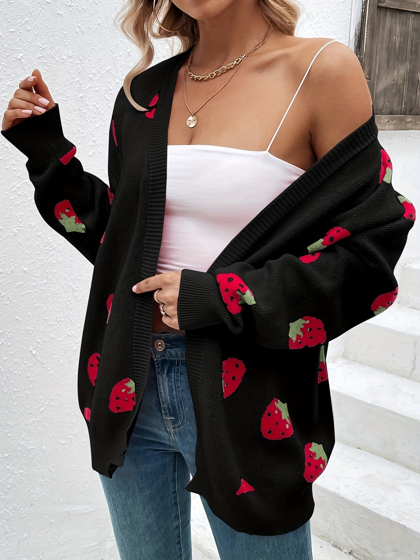 CozyStraw - Strawberry Motif Cardigan Sweater with Relaxed Fit and Button Closure 7