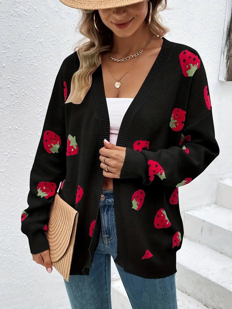 CozyStraw - Strawberry Motif Cardigan Sweater with Relaxed Fit and Button Closure 8