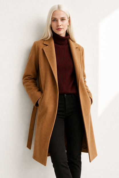 CozyWool - Black Wool Coat with Belted Waist for Tailored Fit and Warmth 6