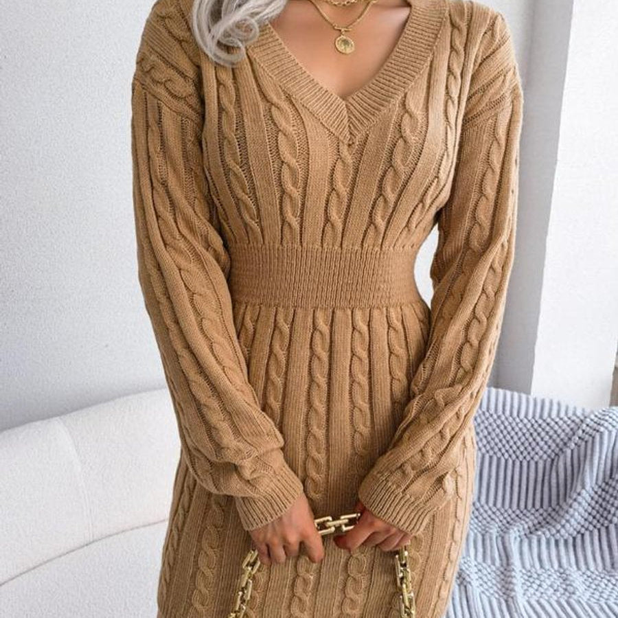 Cozy Elegance - Cable-Knit V-Neck Long Sleeve Sweater Dress for All Occasions