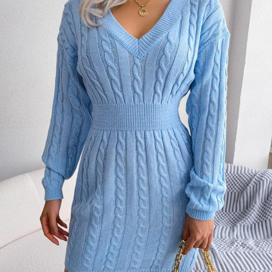 Cozy Elegance - Cable-Knit V-Neck Long Sleeve Sweater Dress for All Occasions