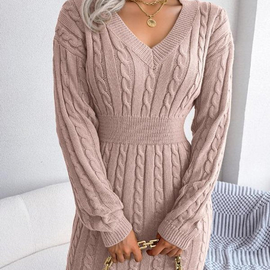 Cozy Elegance - Cable-Knit V-Neck Long Sleeve Sweater Dress for All Occasions