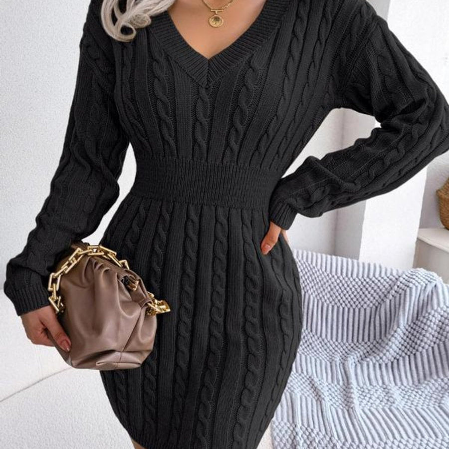 Cozy Elegance - Cable-Knit V-Neck Long Sleeve Sweater Dress for All Occasions