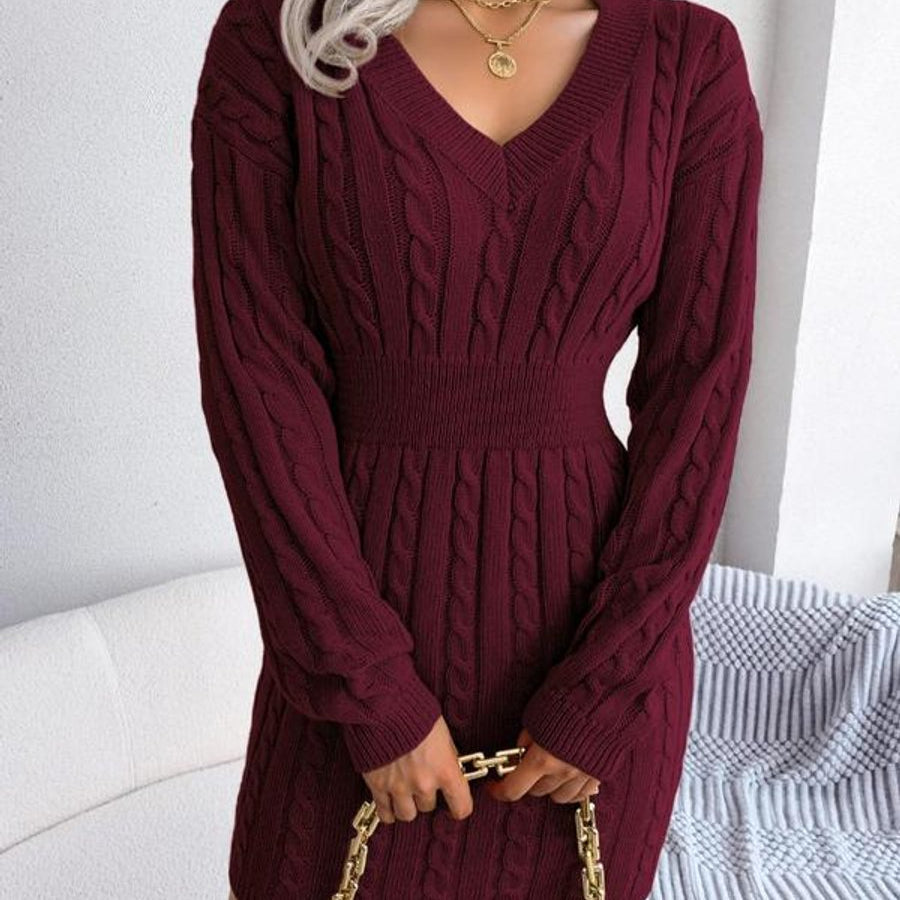 Cozy Elegance - Cable-Knit V-Neck Long Sleeve Sweater Dress for All Occasions