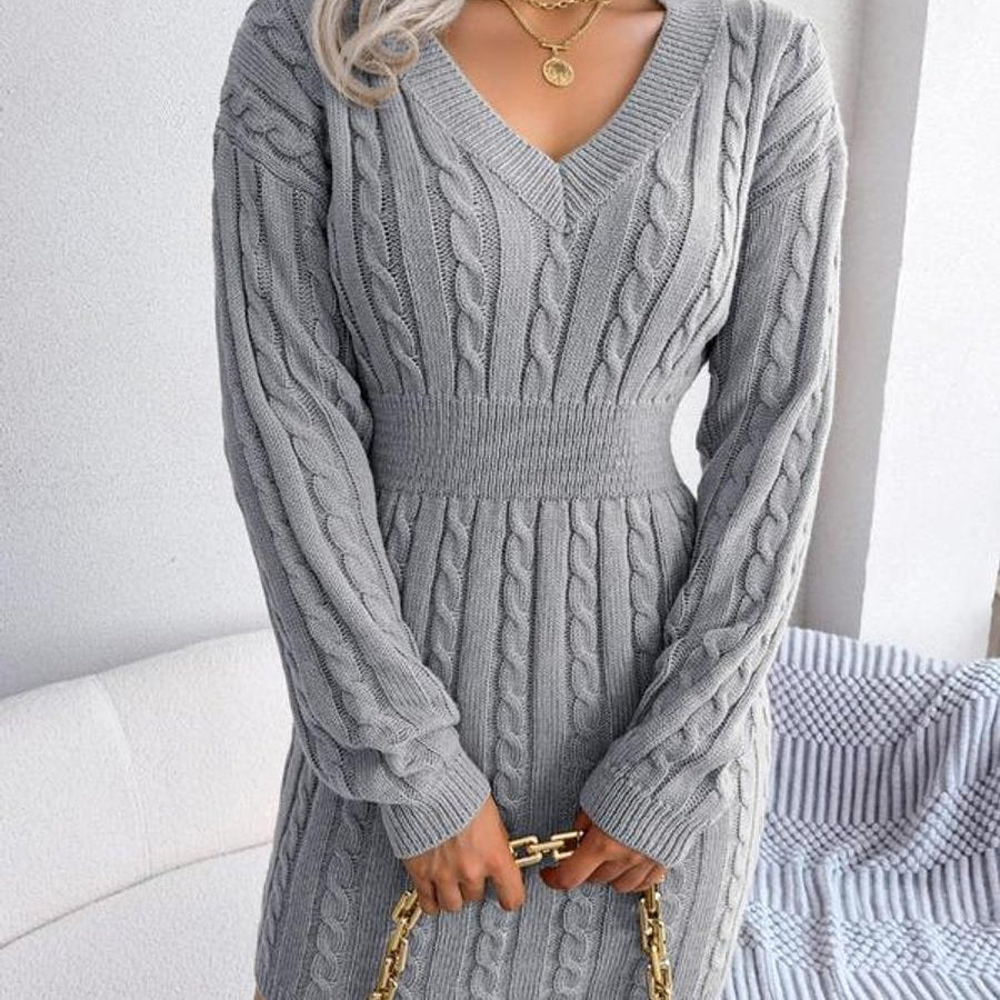 Cozy Elegance - Cable-Knit V-Neck Long Sleeve Sweater Dress for All Occasions