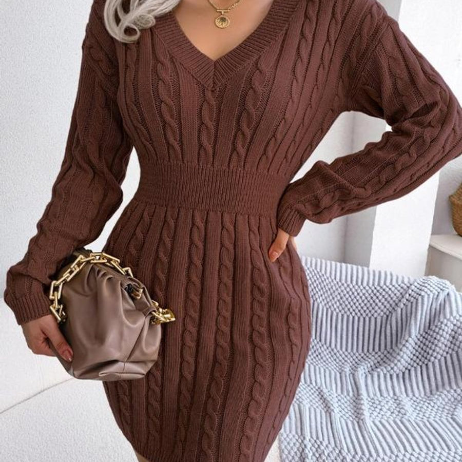 Cozy Elegance - Cable-Knit V-Neck Long Sleeve Sweater Dress for All Occasions