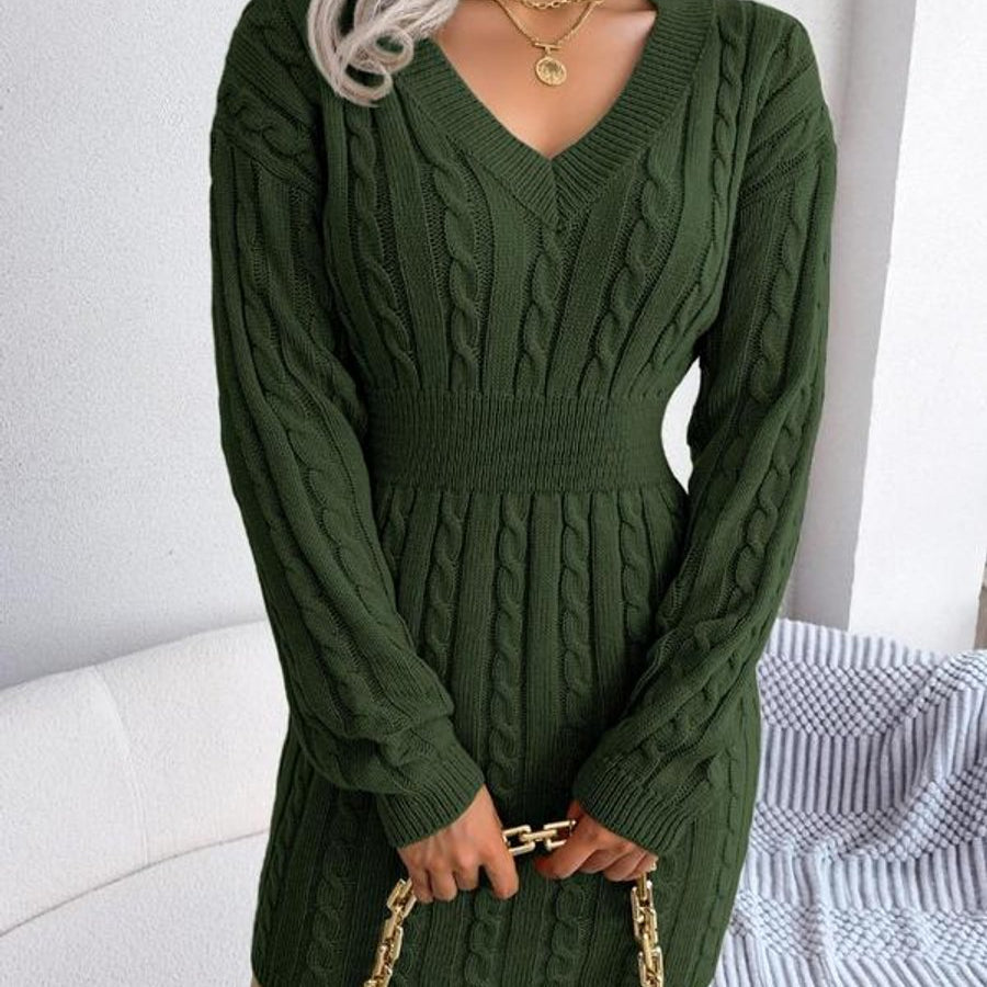Cozy Elegance - Cable-Knit V-Neck Long Sleeve Sweater Dress for All Occasions