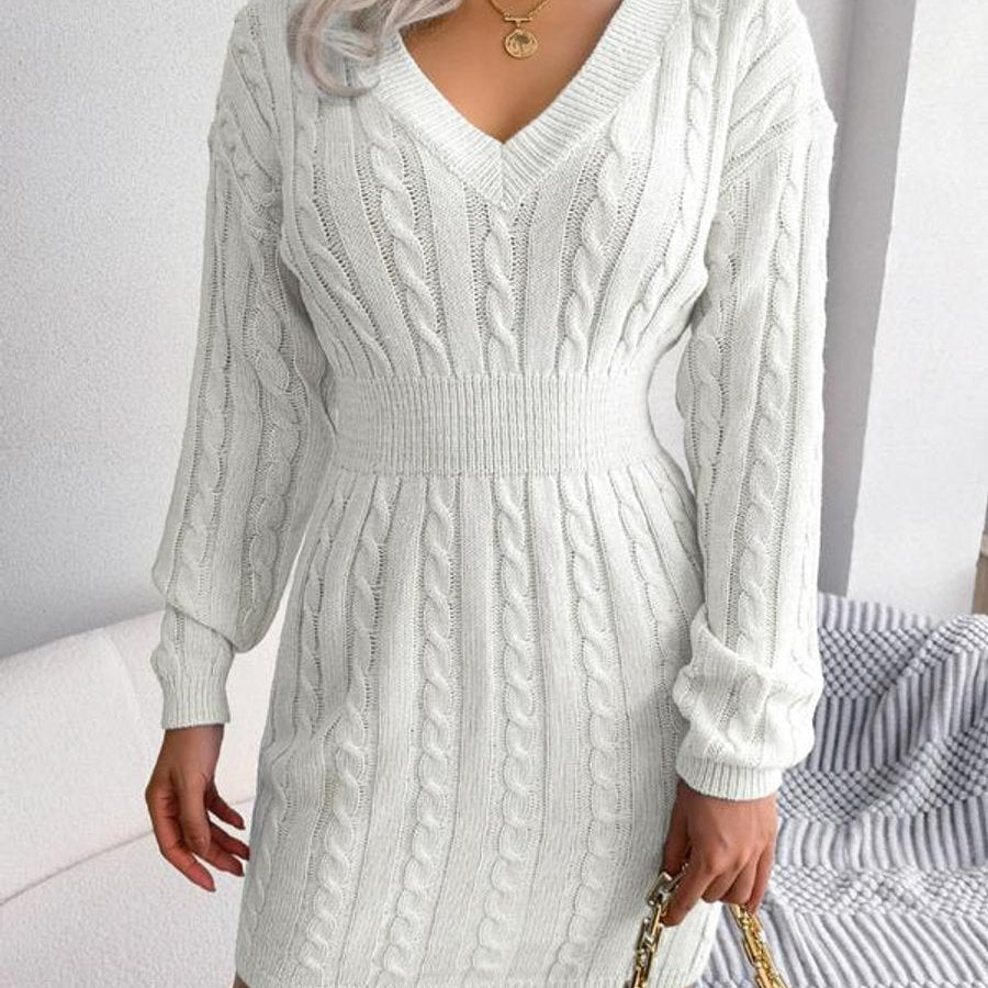 Cozy Elegance - Cable-Knit V-Neck Long Sleeve Sweater Dress for All Occasions